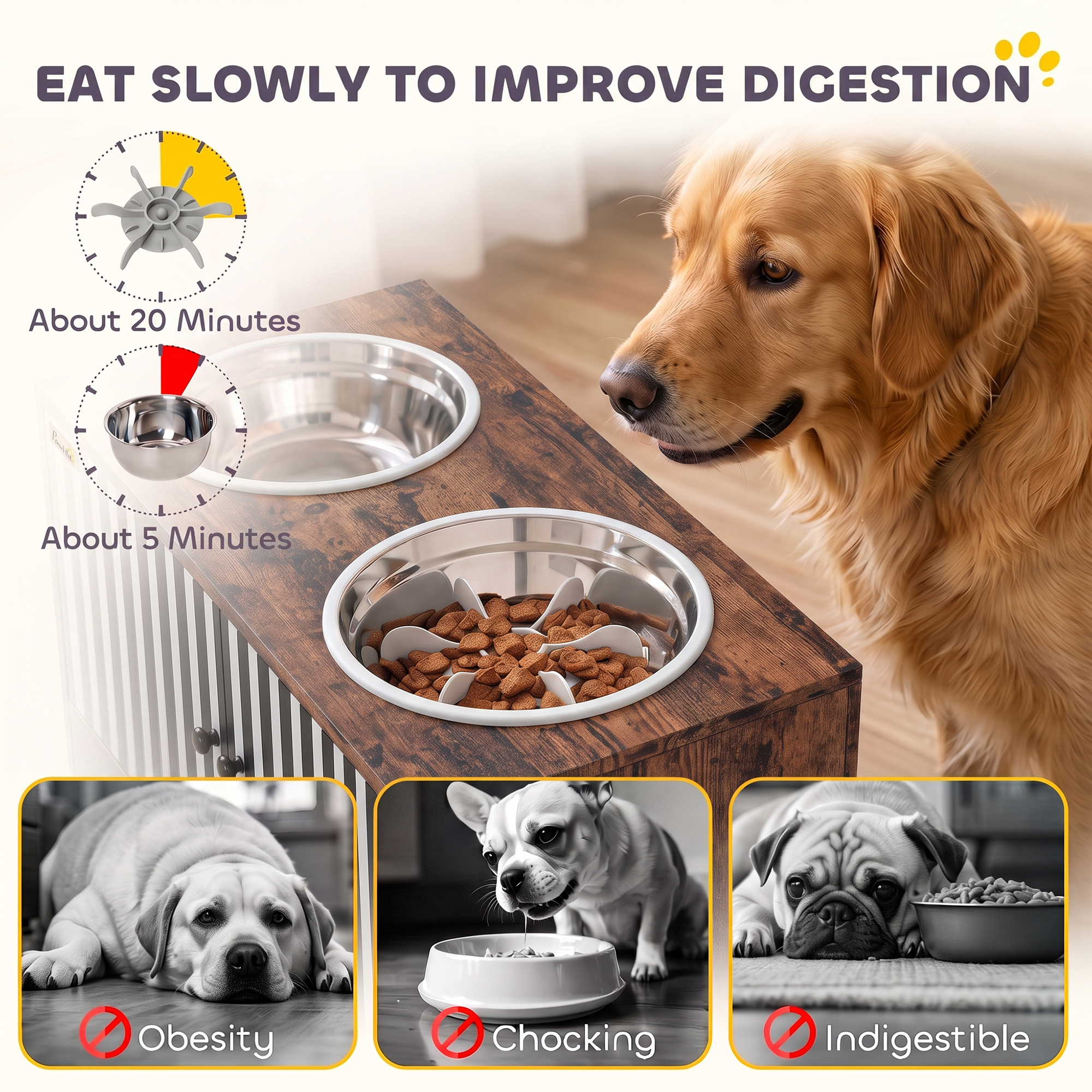 Raised Dog Bowls with Storage, Slow Feeder, 2 Stainless Steel Food and Water Bowl Non-Slip, Rustic Brown