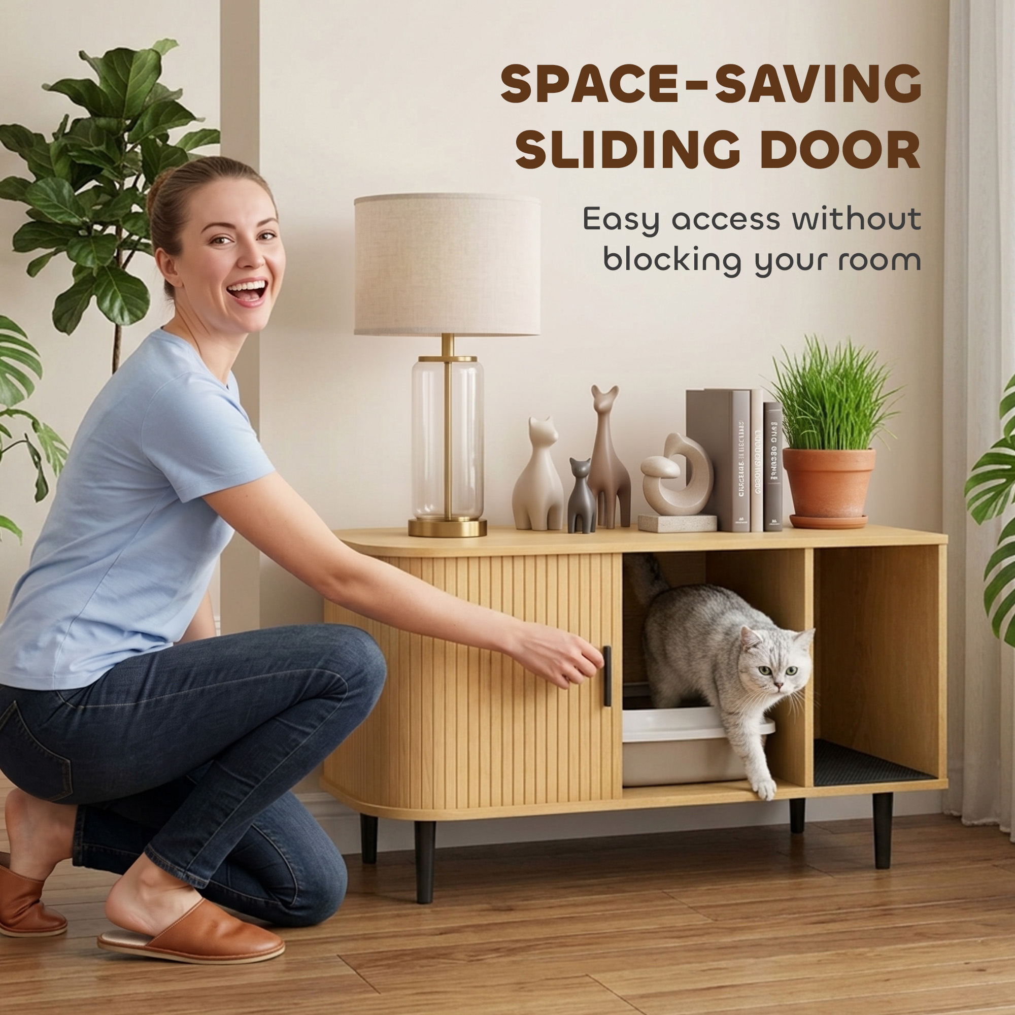 Cat Litter Box Enclosure with Sliding Door, Litter Mat, Fit Most of Litter Box, End Table, Modern Style