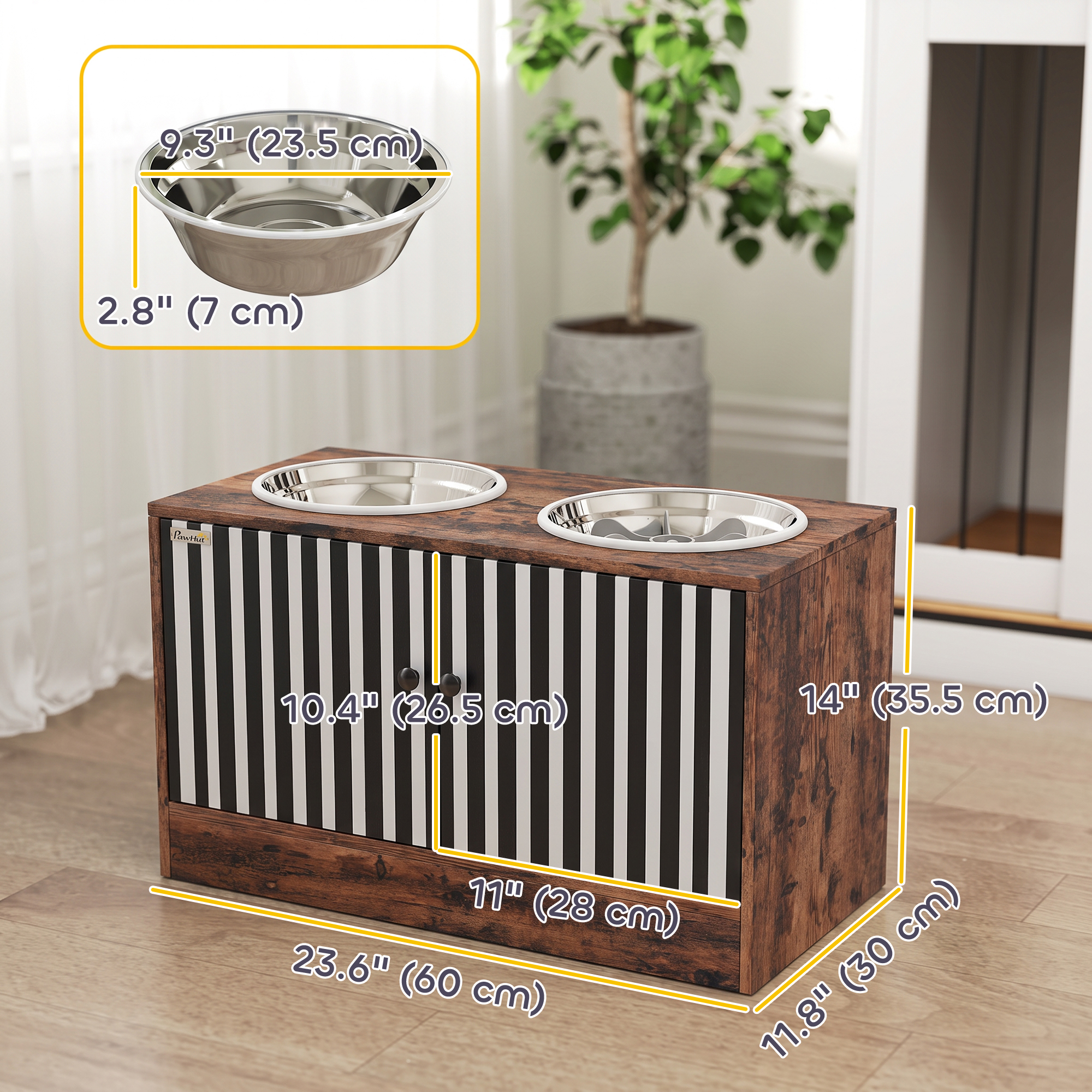 Raised Dog Bowls with Storage, Slow Feeder, 2 Stainless Steel Food and Water Bowl Non-Slip, Rustic Brown