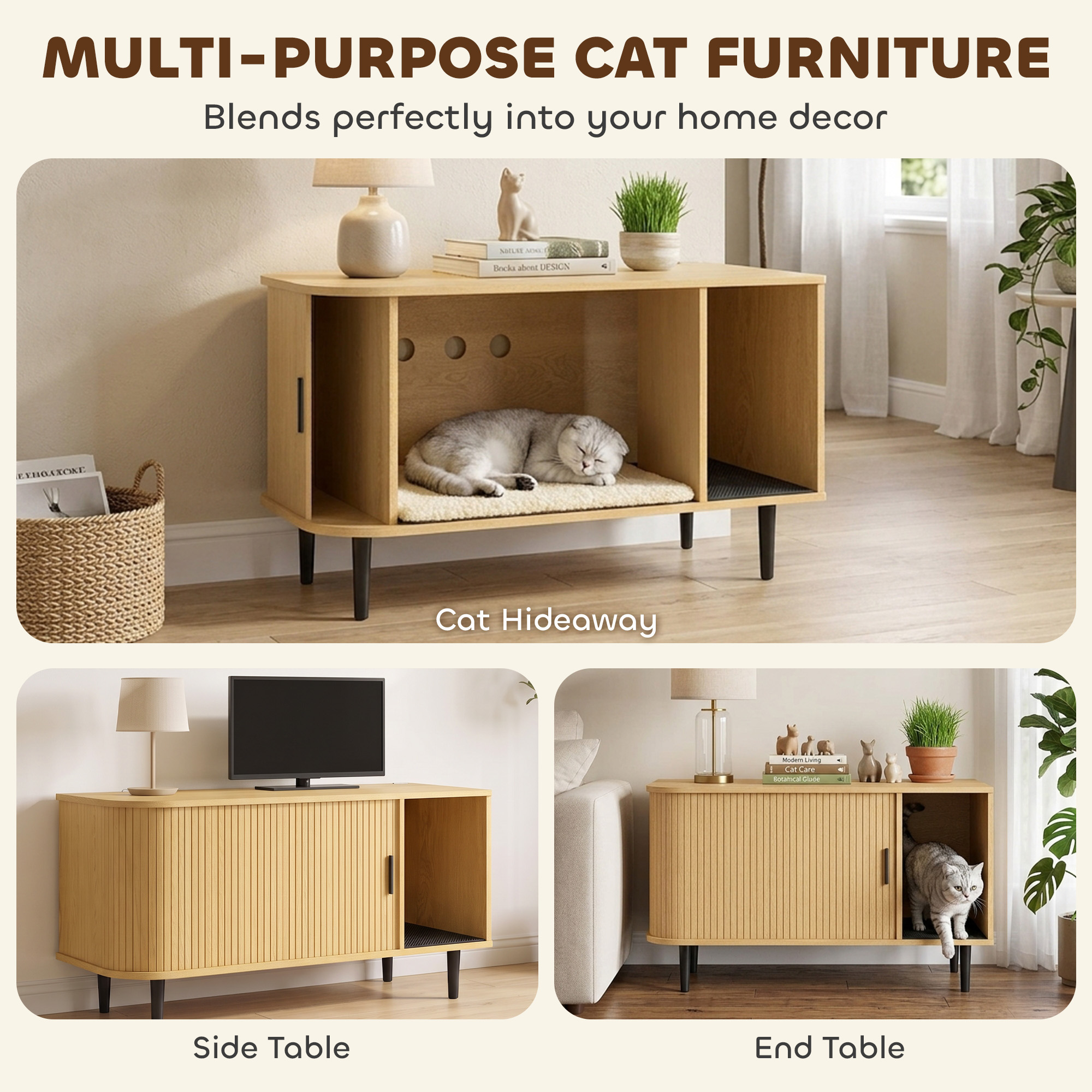 Cat Litter Box Enclosure with Sliding Door, Litter Mat, Fit Most of Litter Box, End Table, Modern Style