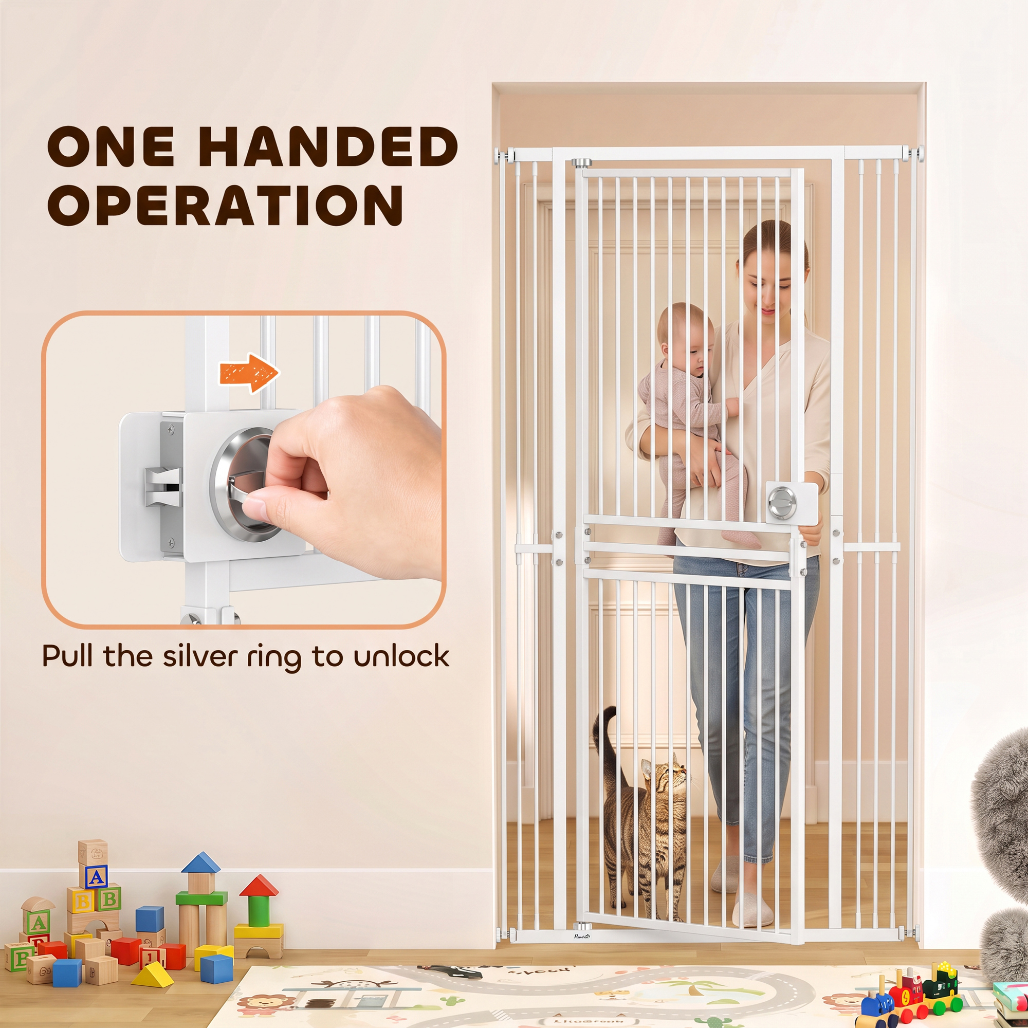 71" Extra Tall Cat Gate, 29"-39" Wide Pet Gate with No Drilling, Narrow Spacing, Pull-Ring Latch, 2 Extension Kits