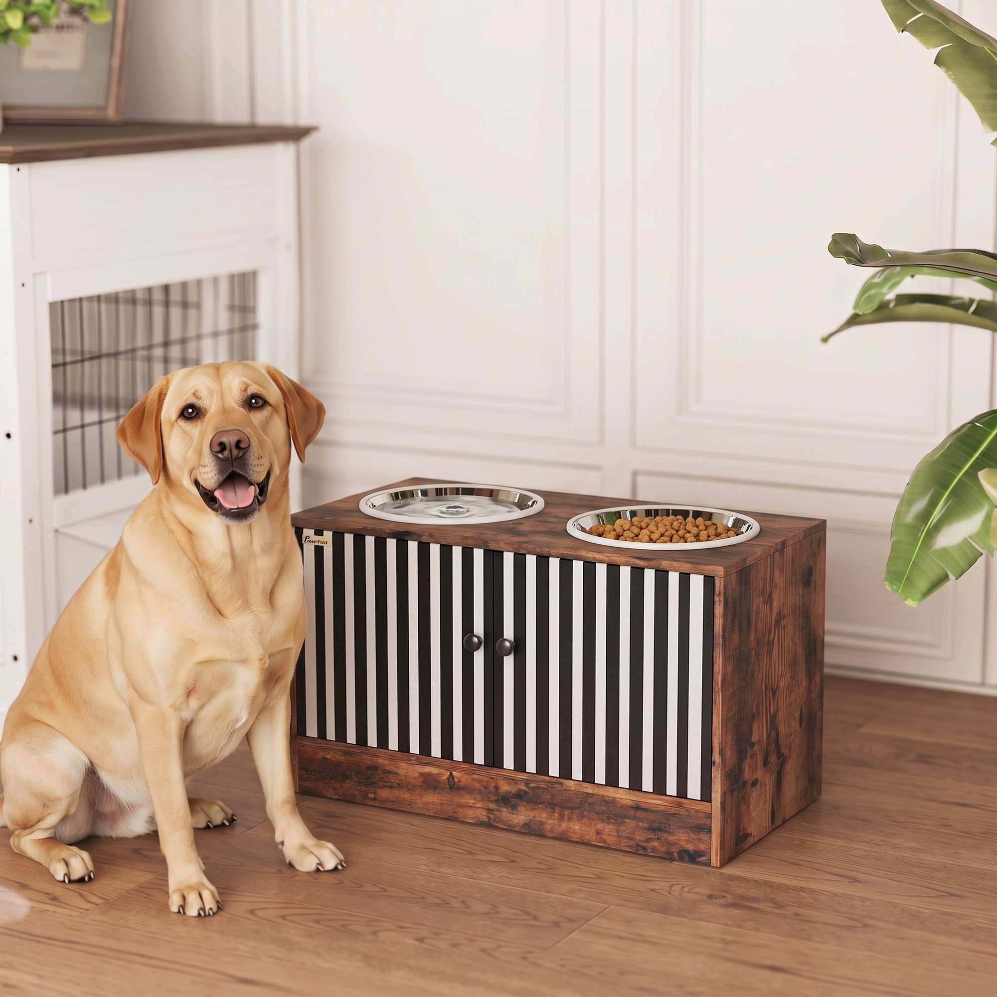 Raised Dog Bowls with Storage, Slow Feeder, 2 Stainless Steel Food and Water Bowl Non-Slip, Rustic Brown