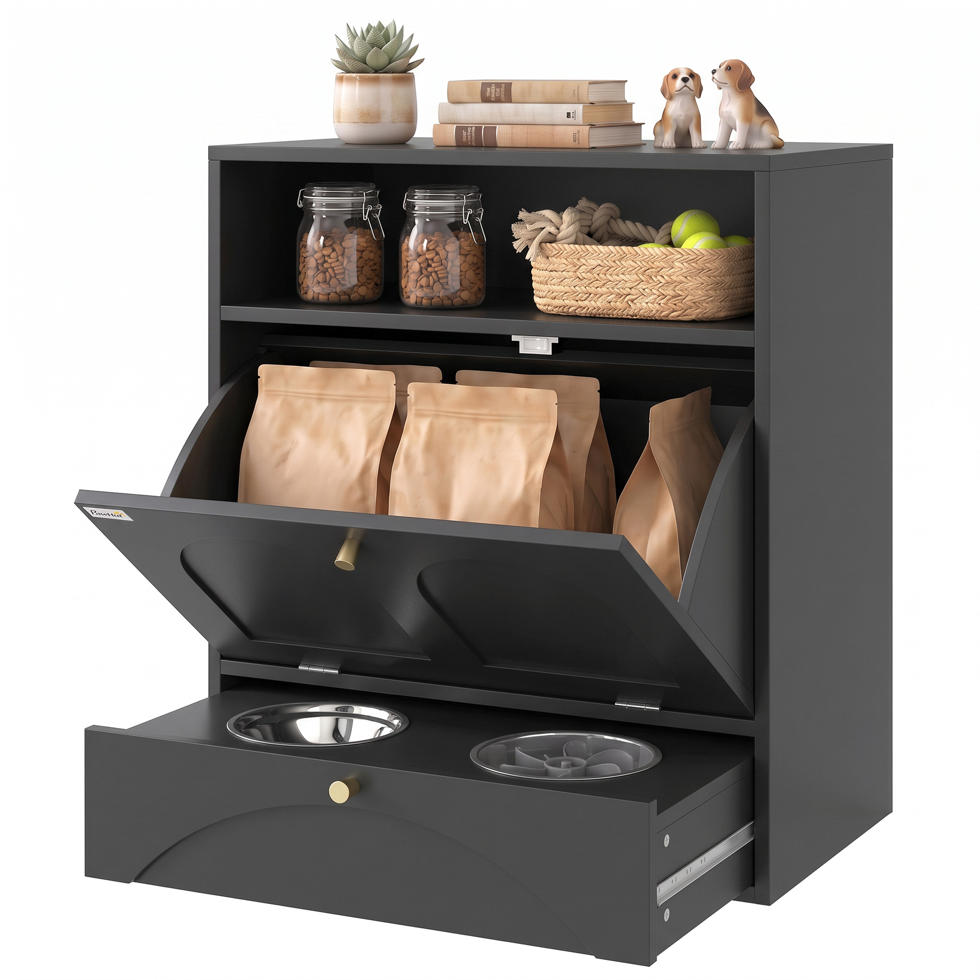 Dog Feeding Station, Dog Food Storage Cabinet with 2 Elevated Bowls, Tilt-Out Cabinet and Storage Shelf, Black