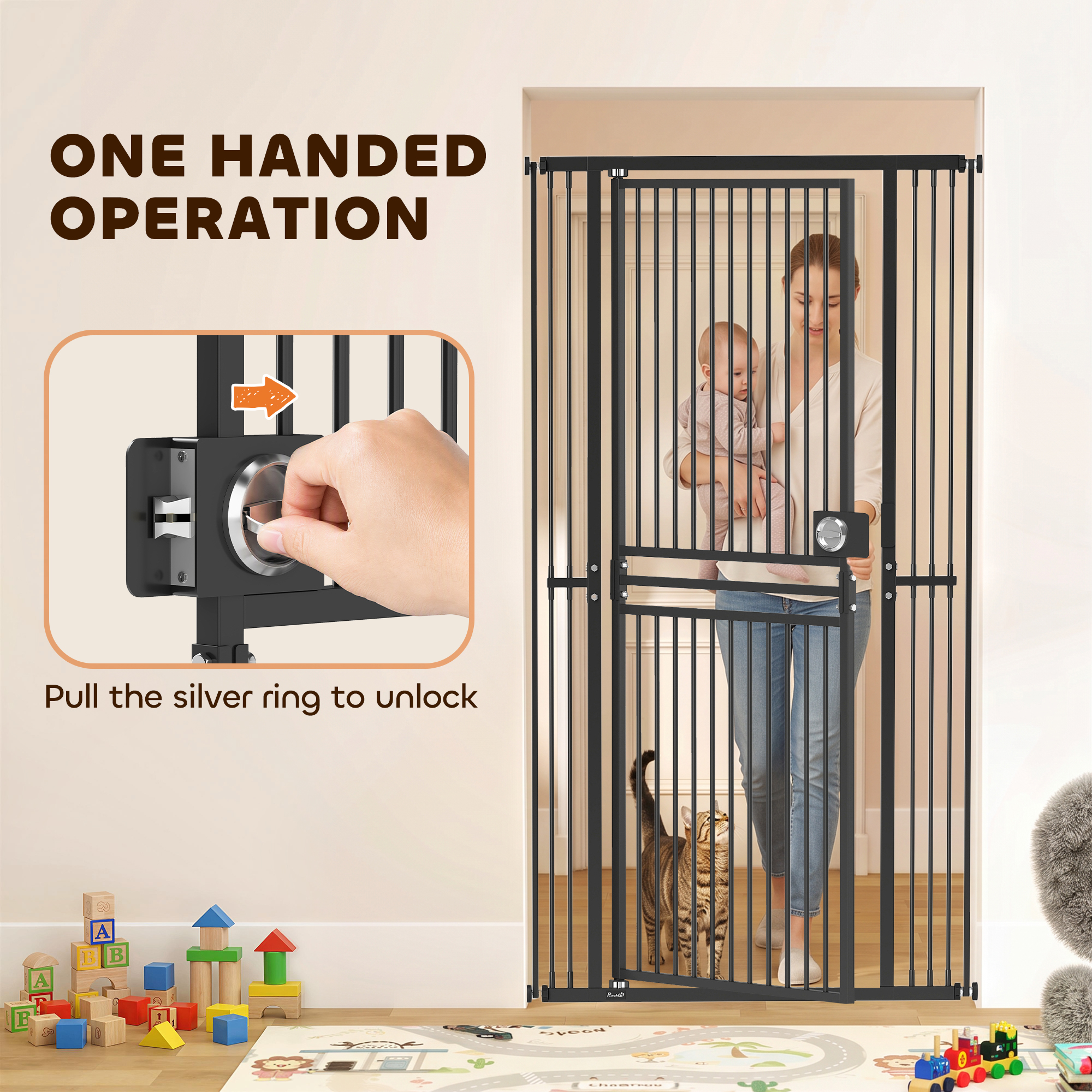 71" Extra Tall Cat Gate, 29"-39" Wide Pet Gate with No Drilling, Narrow Spacing, Pull-Ring Latch, 2 Extension Kits