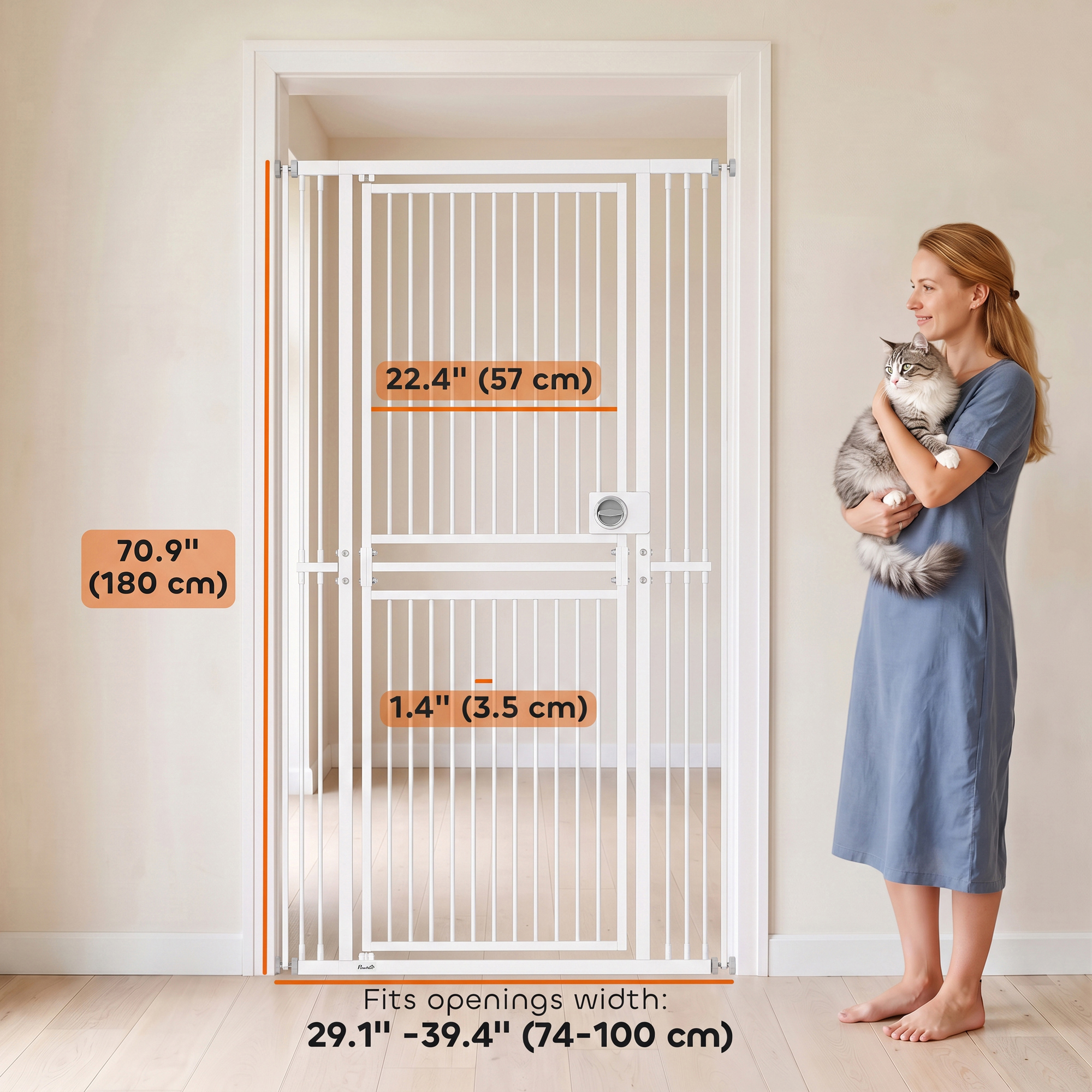 71" Extra Tall Cat Gate, 29"-39" Wide Pet Gate with No Drilling, Narrow Spacing, Pull-Ring Latch, 2 Extension Kits