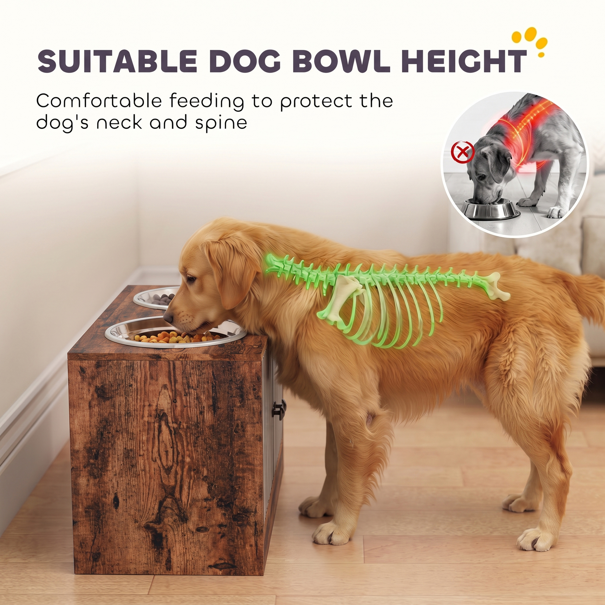 Raised Dog Bowls with Storage, Slow Feeder, 2 Stainless Steel Food and Water Bowl Non-Slip, Rustic Brown