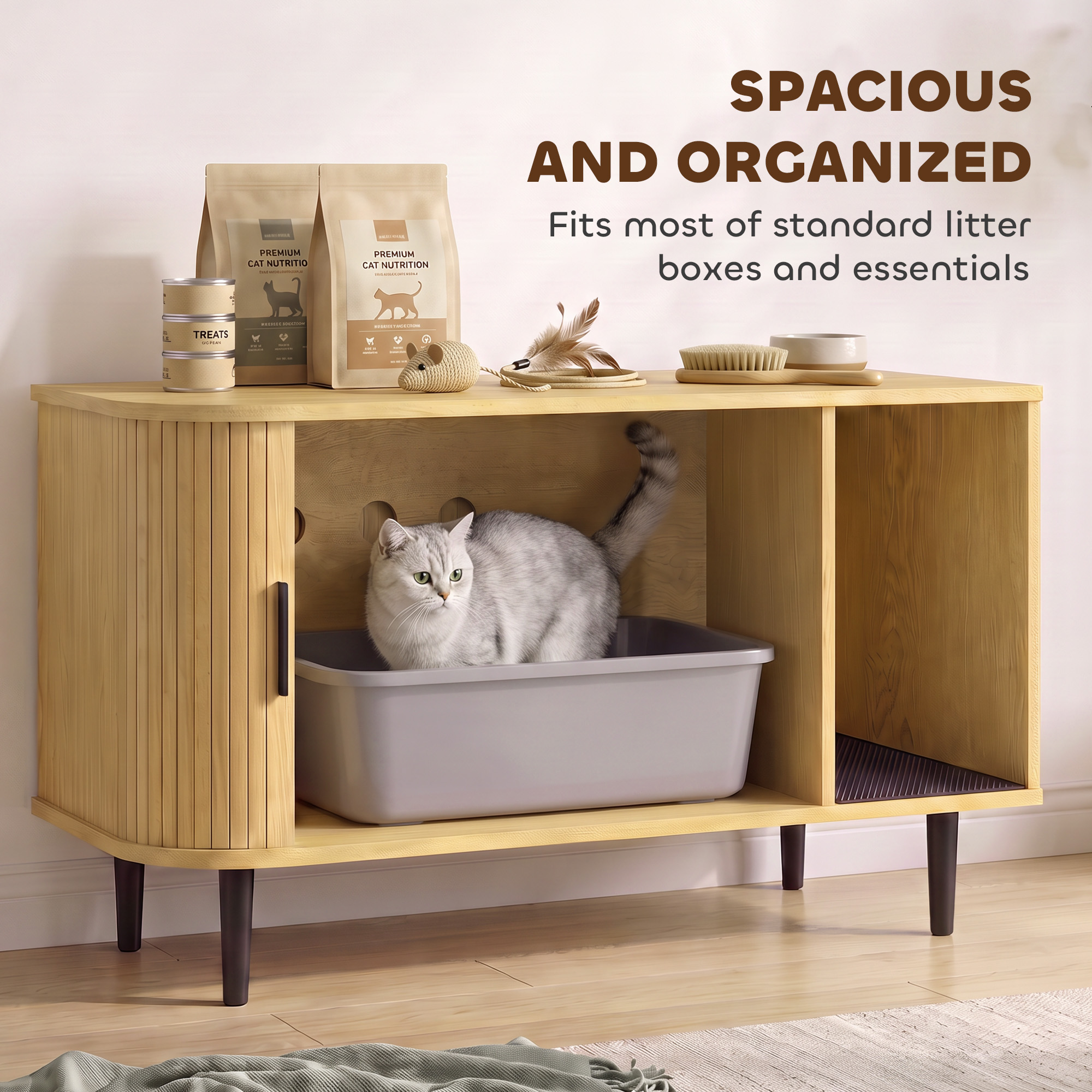 Cat Litter Box Enclosure with Sliding Door, Litter Mat, Fit Most of Litter Box, End Table, Modern Style