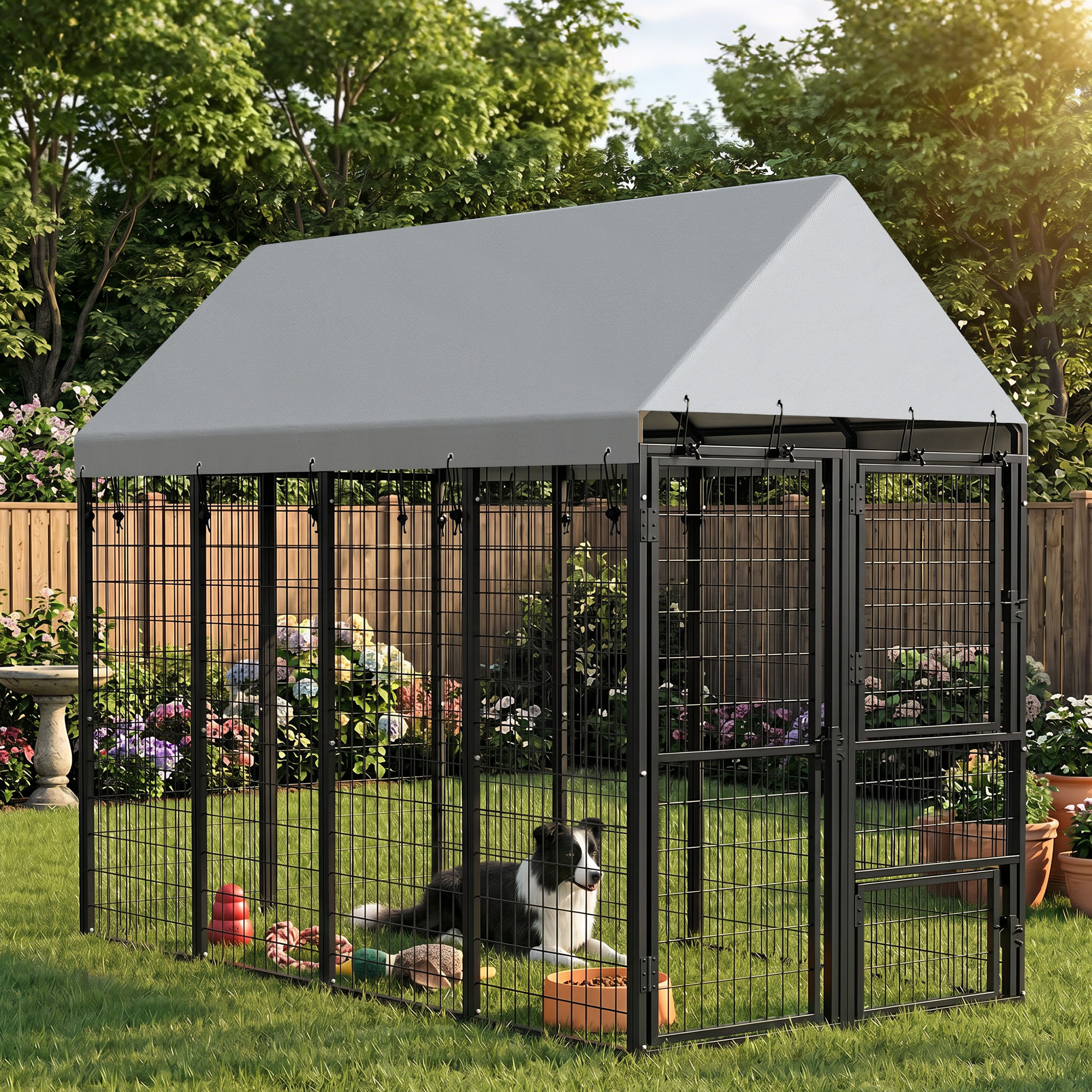 8' x 4' x 6' Large Dog Kennel Outdoor with 3 Doors, 420D Waterproof Cover, Secure Lock