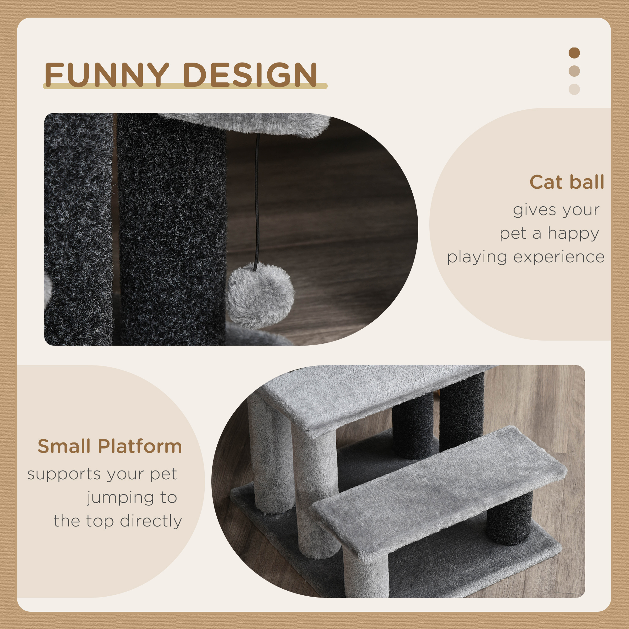 Cat Stairs for Bed, Couch 3 Steps, Small Cat Tree for Indoor Cats with Scratching Posts Toy Ball, 17.5" x 15.5" x 19"