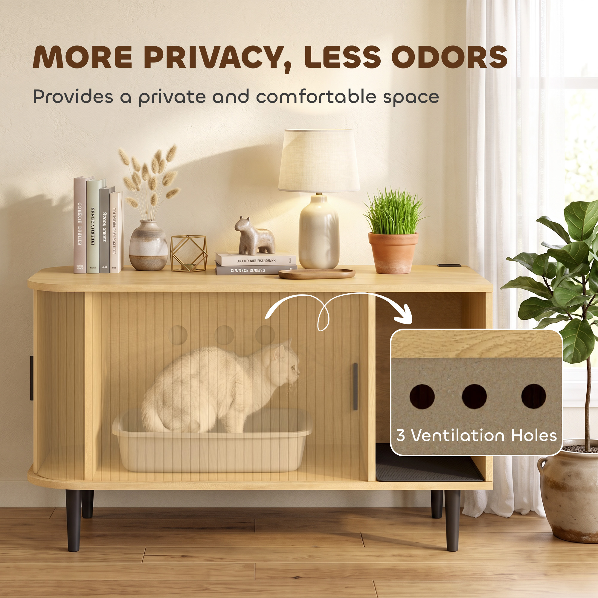 Cat Litter Box Enclosure with Sliding Door, Litter Mat, Fit Most of Litter Box, End Table, Modern Style