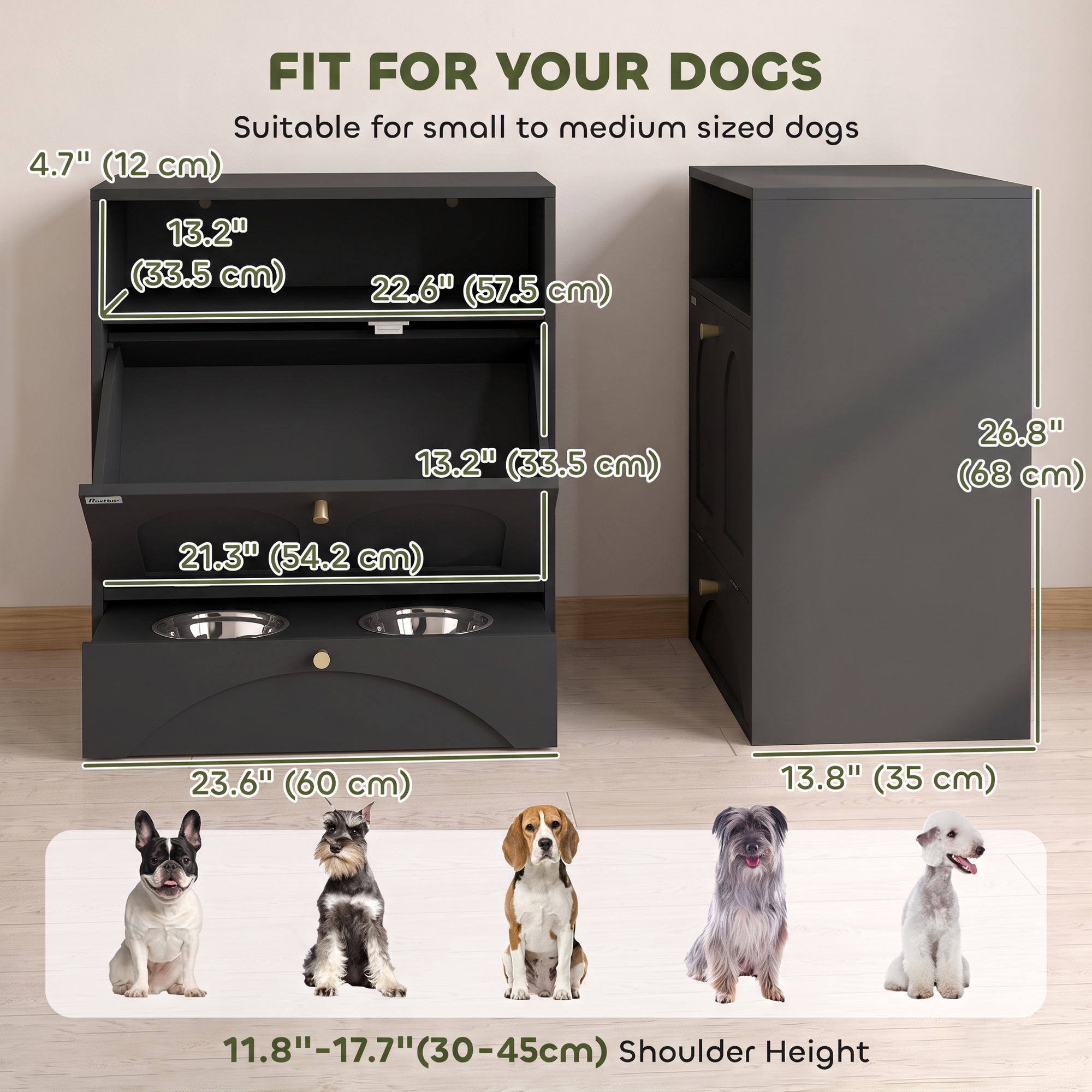 Dog Feeding Station, Dog Food Storage Cabinet with 2 Elevated Bowls, Tilt-Out Cabinet and Storage Shelf, Black