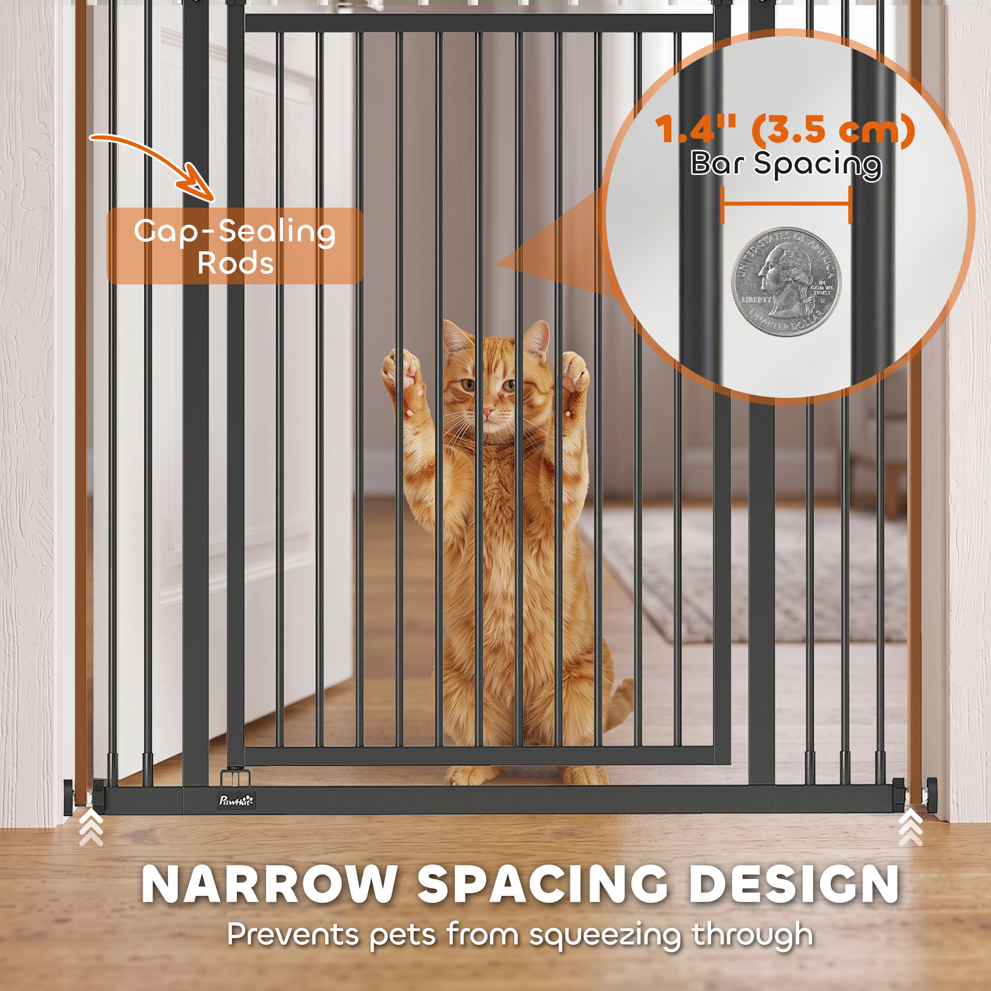 71" Extra Tall Cat Gate, 29"-39" Wide Pet Gate with No Drilling, Narrow Spacing, Pull-Ring Latch, 2 Extension Kits