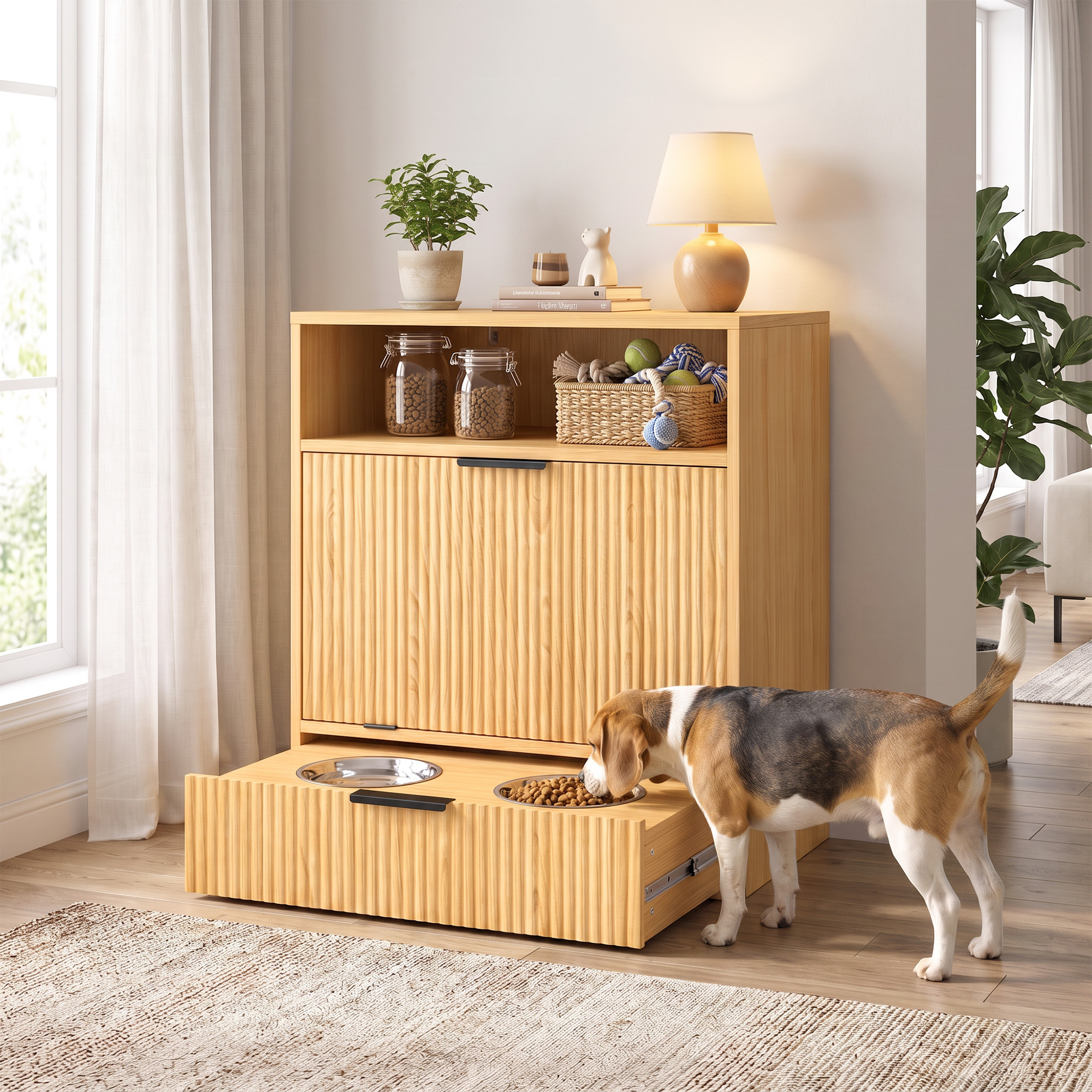 Dog Feeding Station Food Storage Container, Pet Feeding Station with 2 Pull Out Bowls, Tilt Out Storage Cabinet