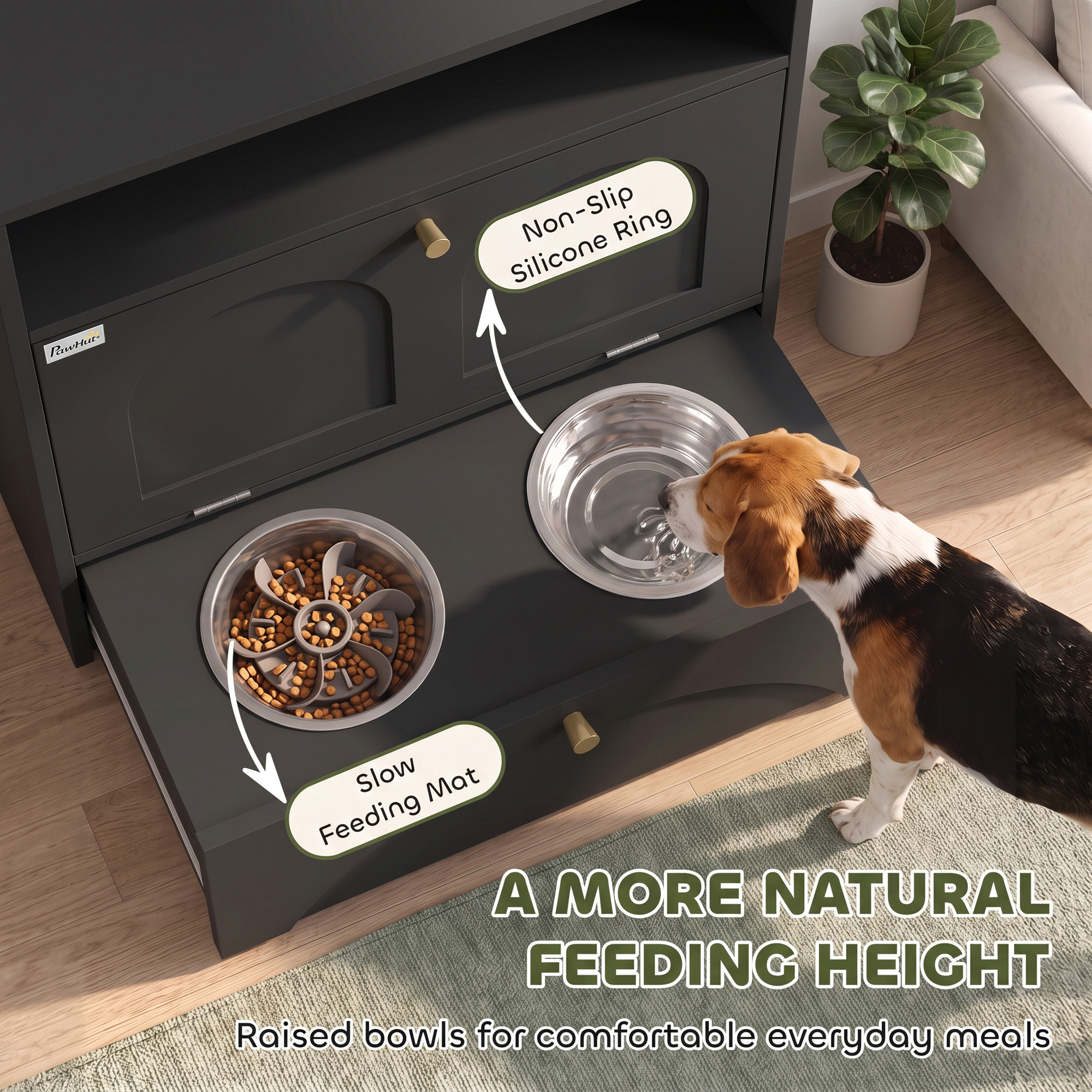 Dog Feeding Station, Dog Food Storage Cabinet with 2 Elevated Bowls, Tilt-Out Cabinet and Storage Shelf, Black