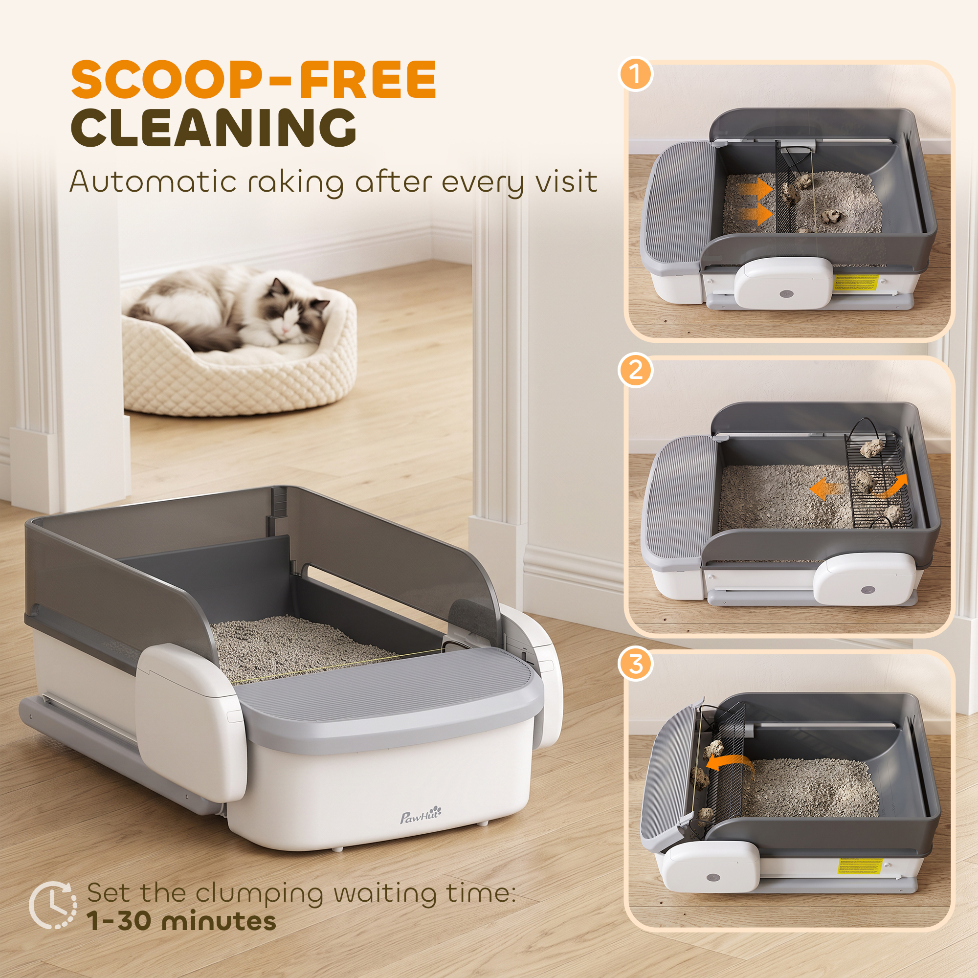 Automatic Cat Litter Box, Self Cleaning Litter Box with App Control, Open-Top, Grey