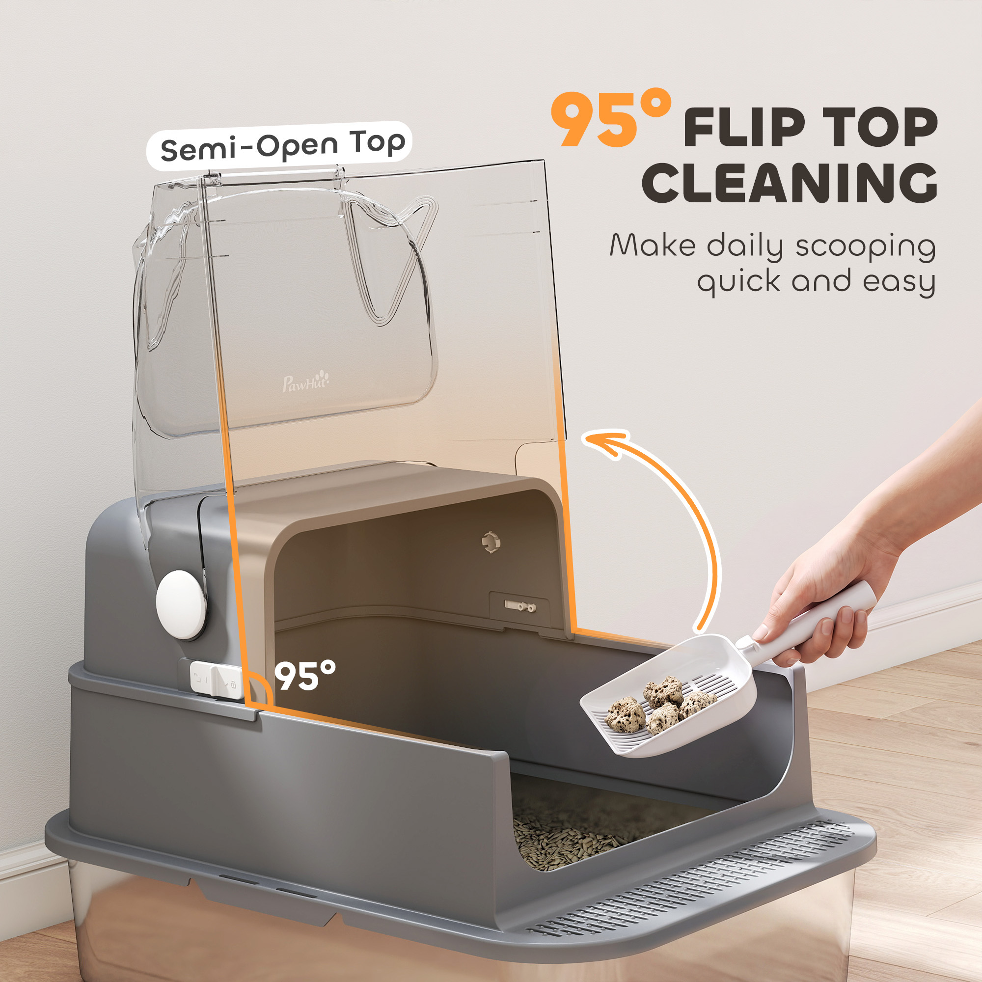 Stainless Steel Cat Litter Box with 95° Flip Lid, XXL Enclosed Metal Litter Box w/ Mat, Scoop, for Big Cats, 28"x20"x18"