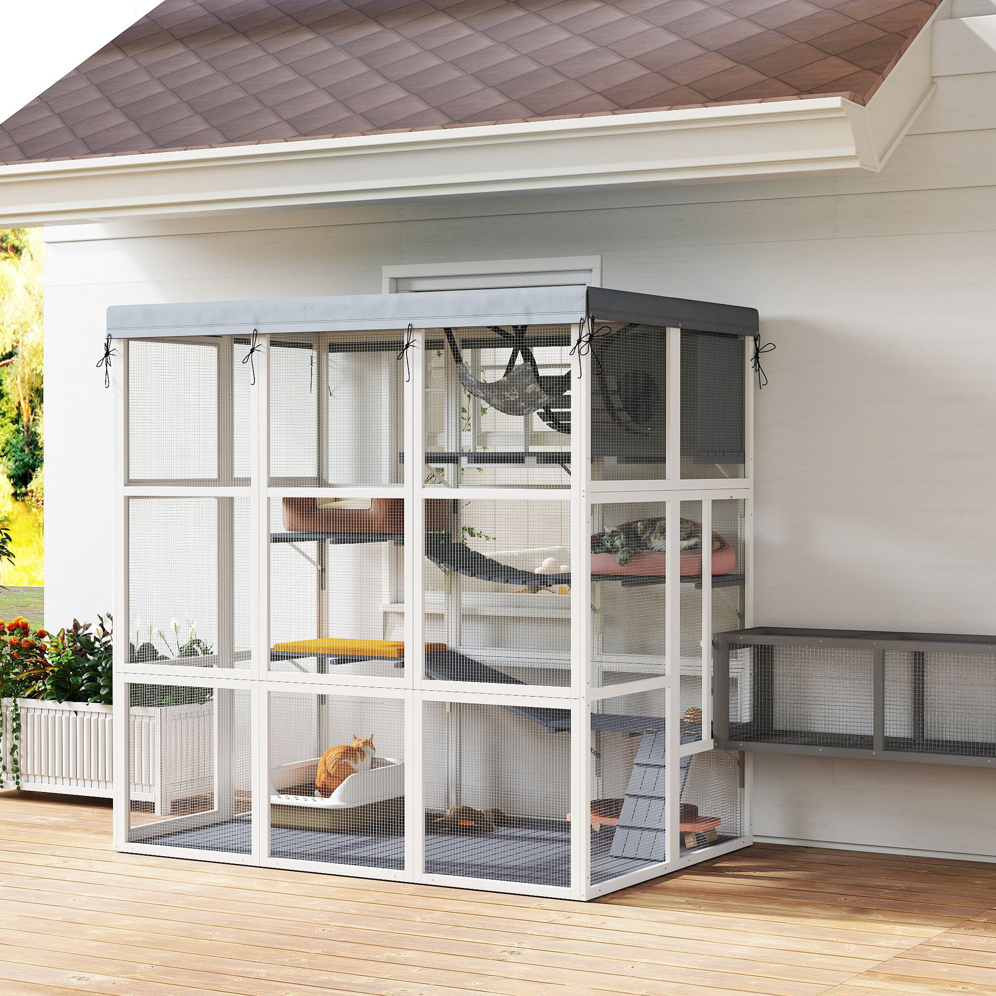 71" Catio Outdoor Cat Enclosure w/ Weatherproof Tarp, Hammock, Condo, Jump Platforms, Ladders, Ramps, for 2-4 Kittens