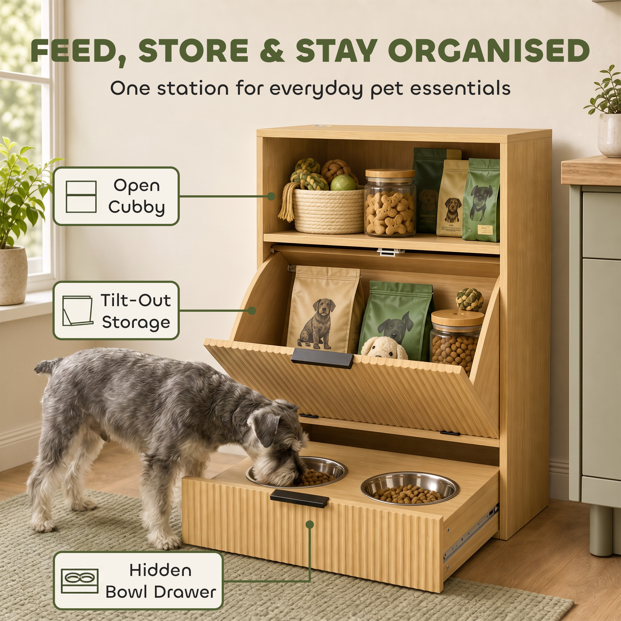 Dog Feeding Station Food Storage Container, Pet Feeding Station with 2 Pull Out Bowls, Tilt Out Storage Cabinet