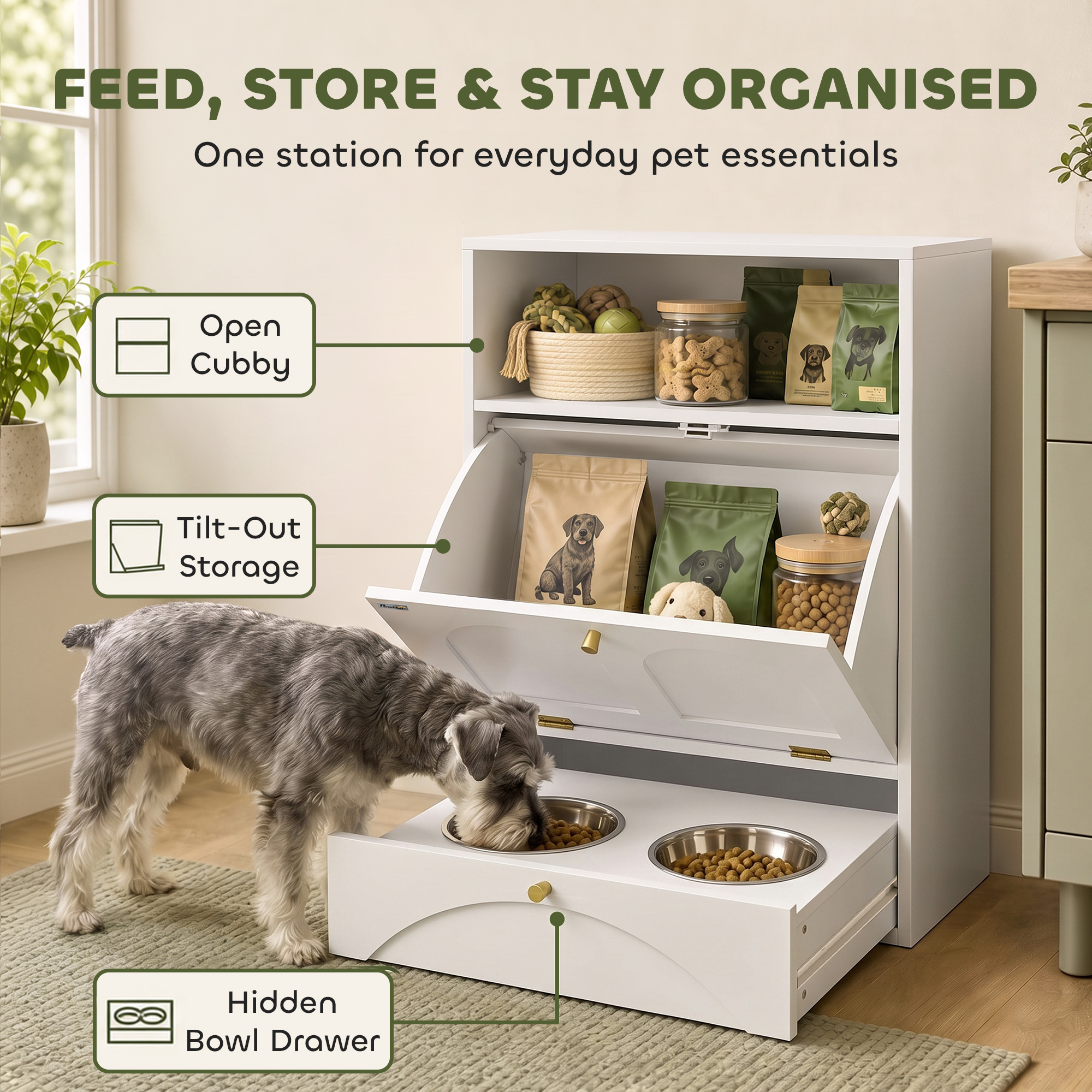 Dog Feeding Station, Dog Food Storage Cabinet with 2 Elevated Bowls, Tilt-Out Cabinet and Storage Shelf, White
