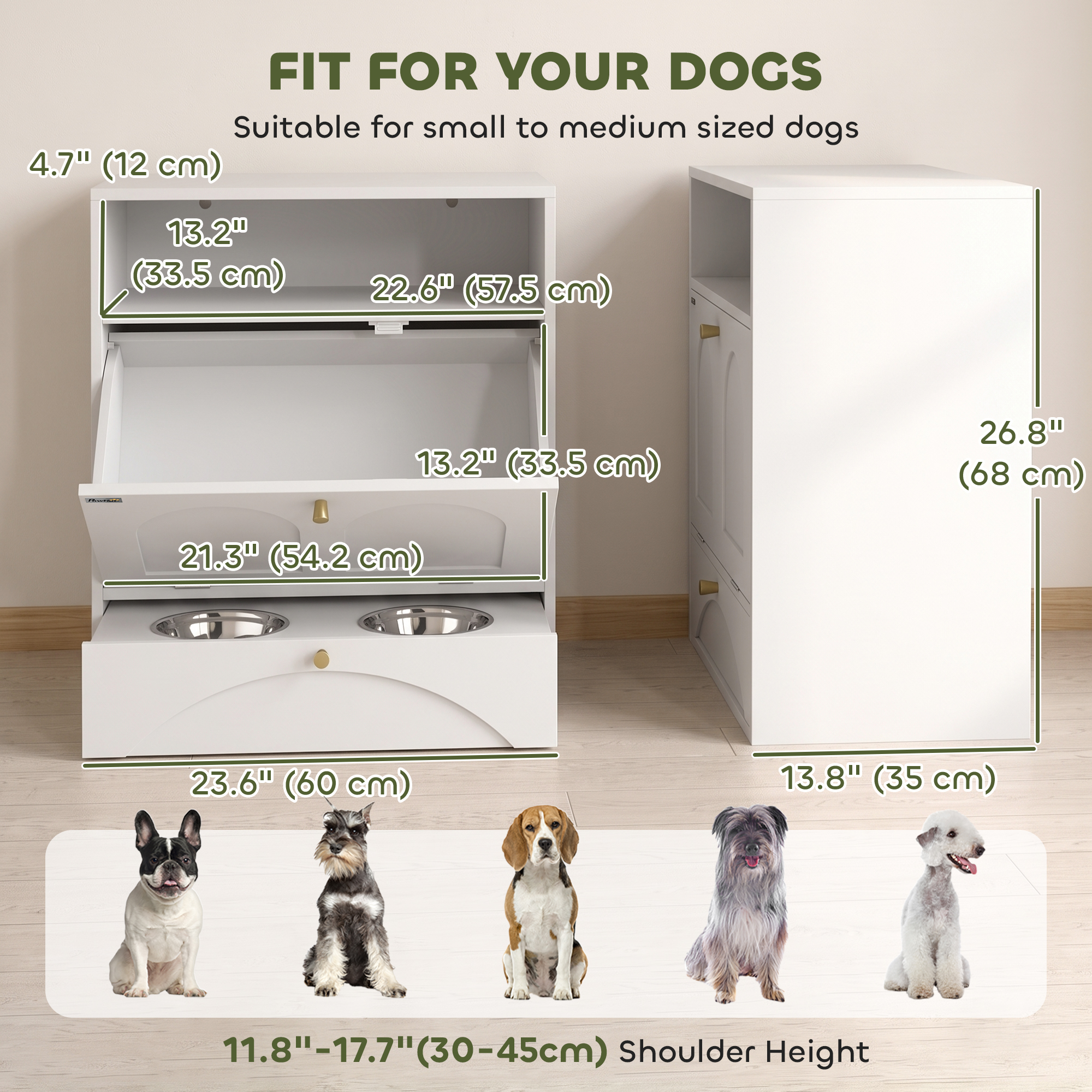 Dog Feeding Station, Dog Food Storage Cabinet with 2 Elevated Bowls, Tilt-Out Cabinet and Storage Shelf, White
