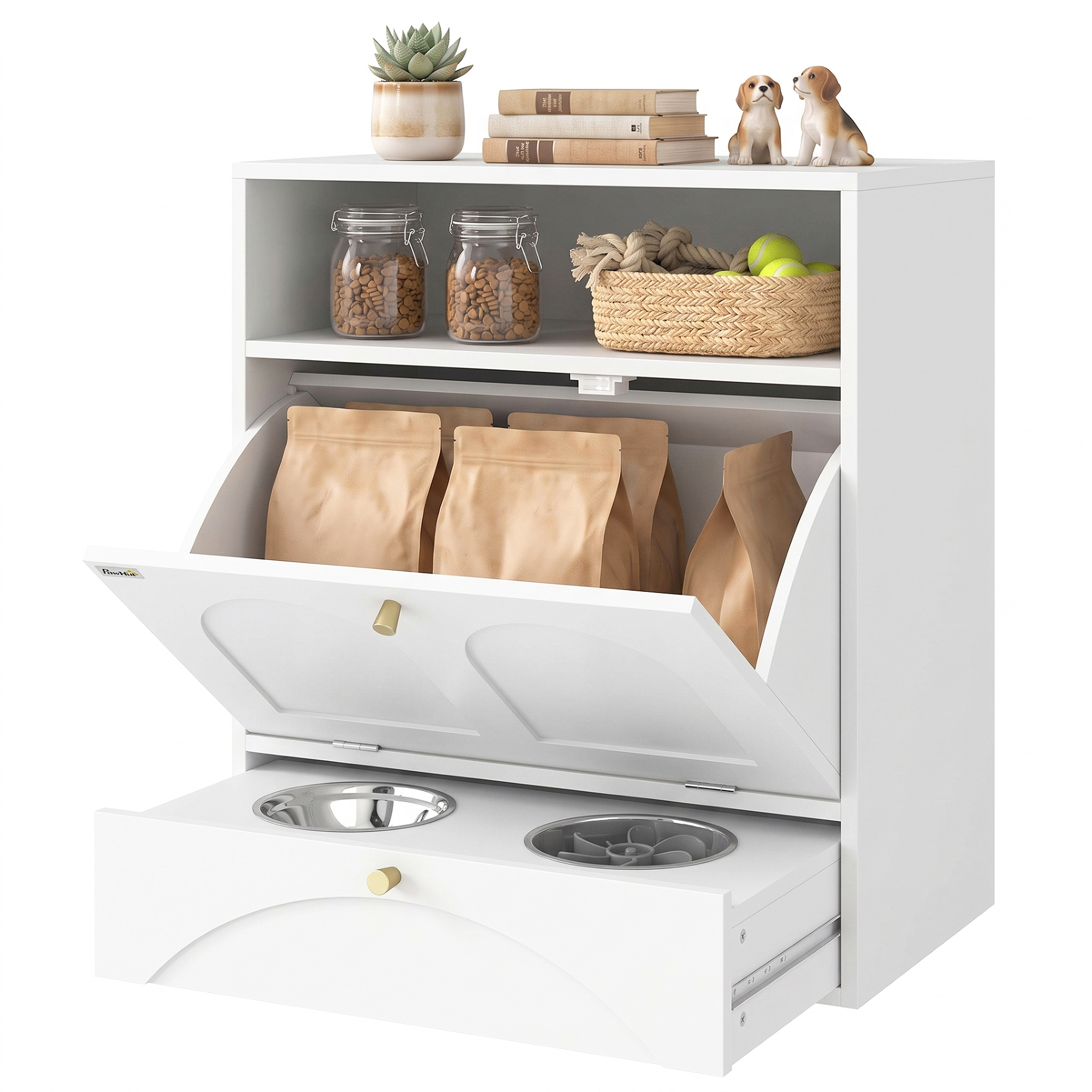 Dog Feeding Station, Dog Food Storage Cabinet with 2 Elevated Bowls, Tilt-Out Cabinet and Storage Shelf, White
