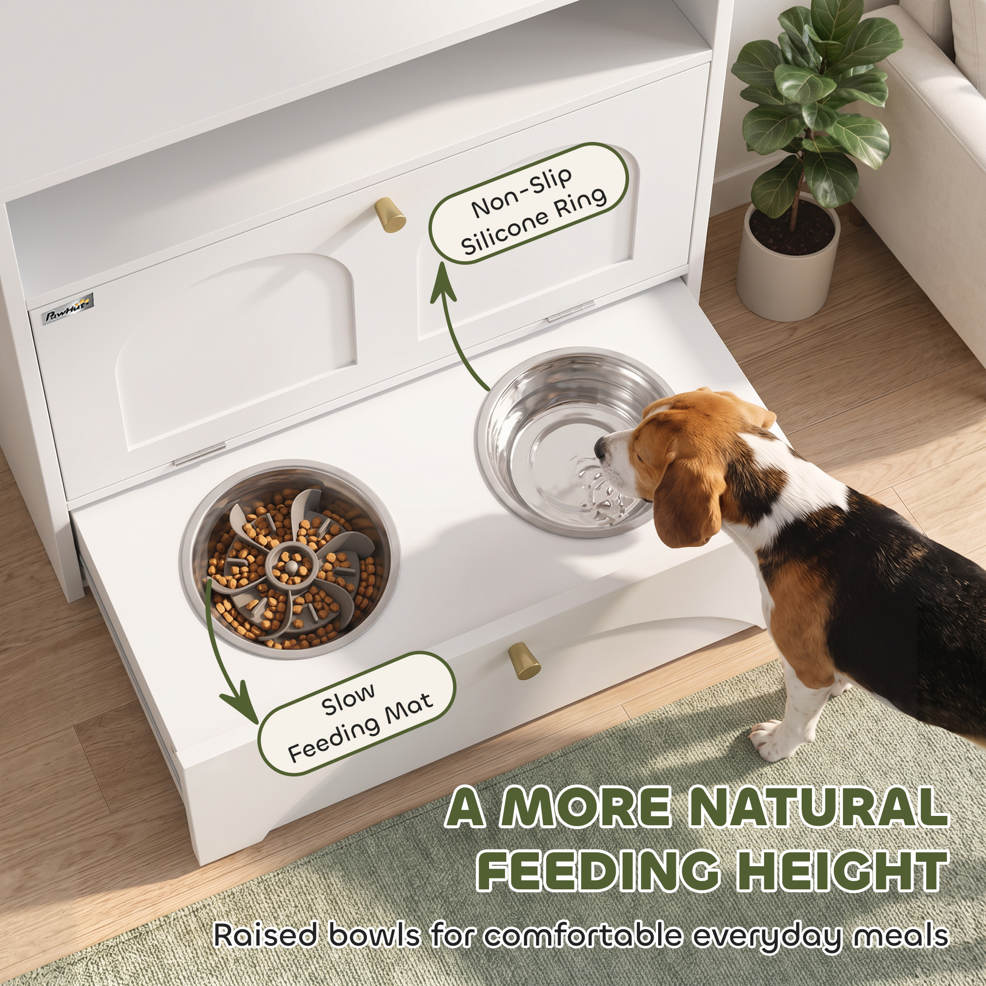 Dog Feeding Station, Dog Food Storage Cabinet with 2 Elevated Bowls, Tilt-Out Cabinet and Storage Shelf, White