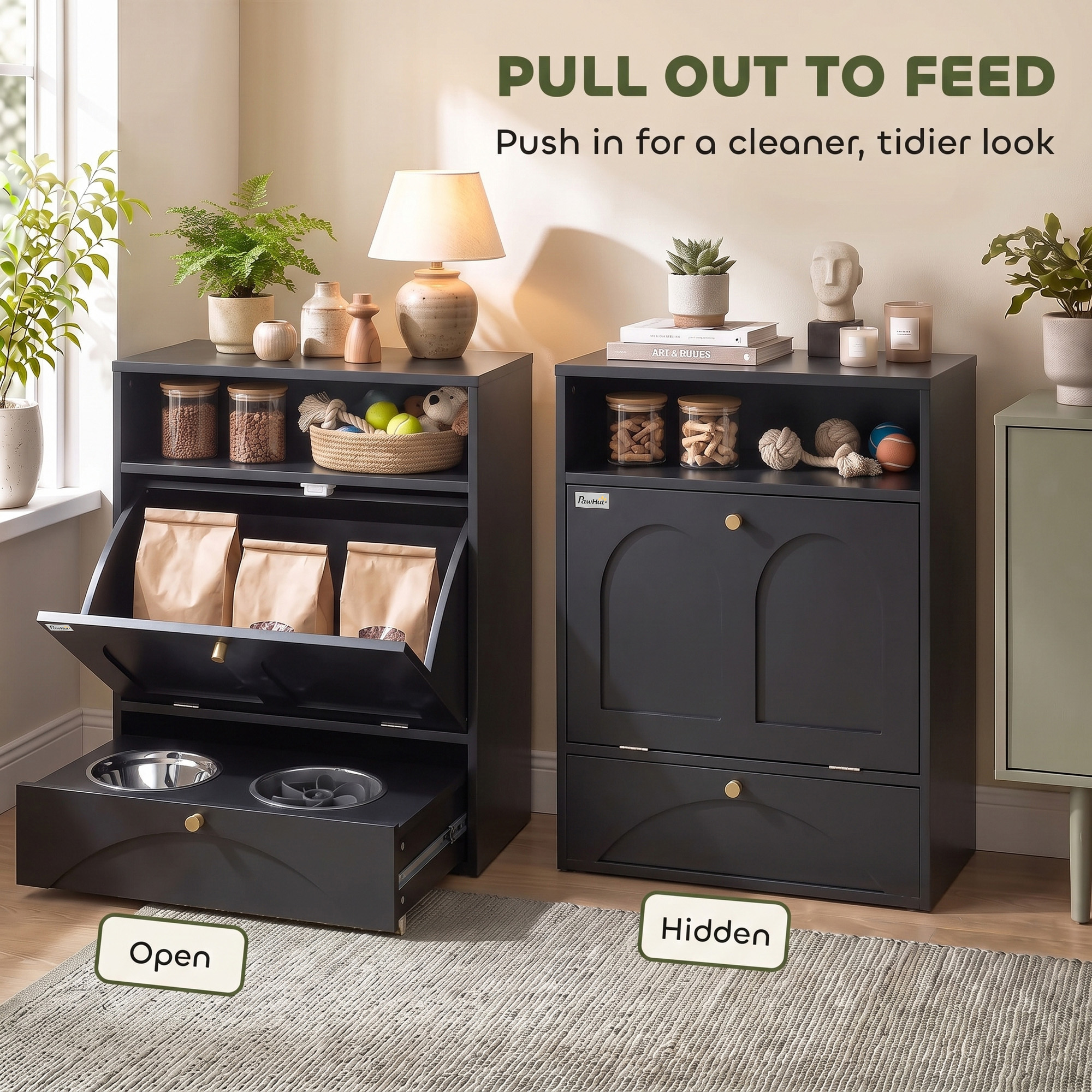 Dog Feeding Station, Dog Food Storage Cabinet with 2 Elevated Bowls, Tilt-Out Cabinet and Storage Shelf, Black
