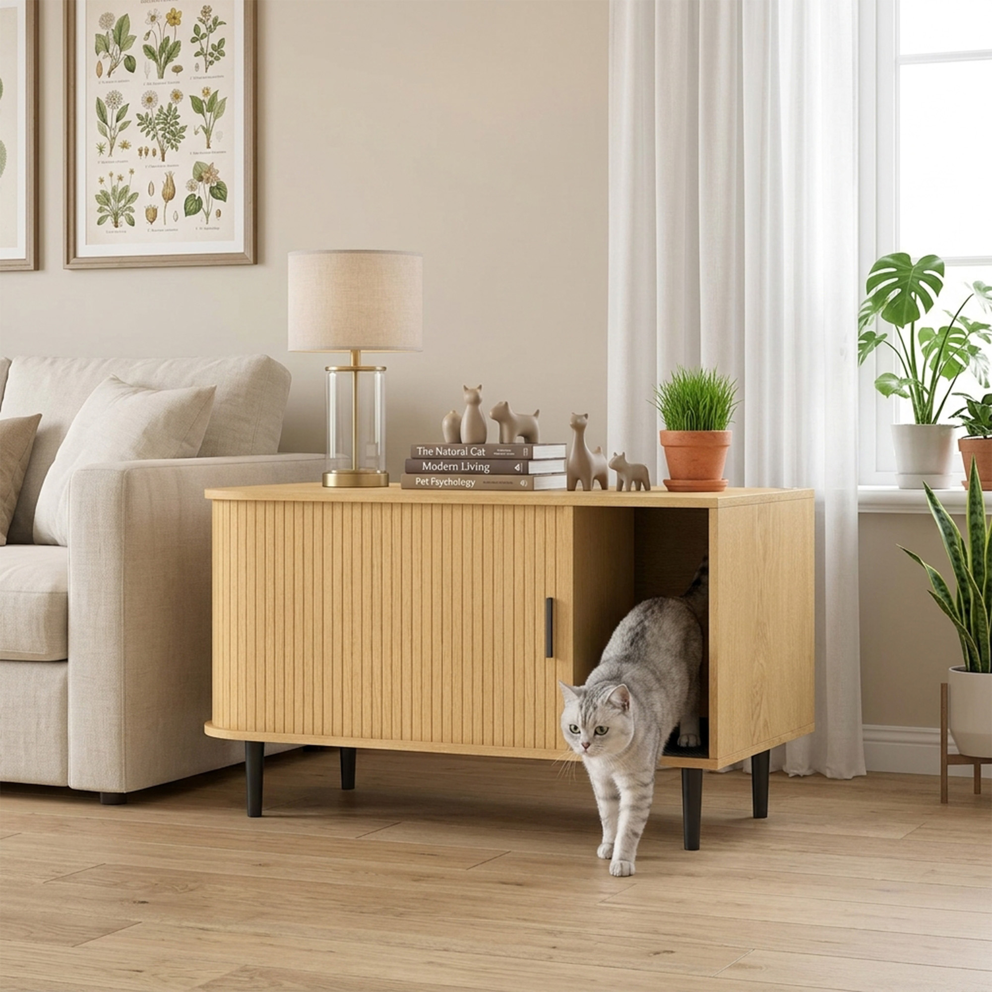 Cat Litter Box Enclosure with Sliding Door, Litter Mat, Fit Most of Litter Box, End Table, Modern Style