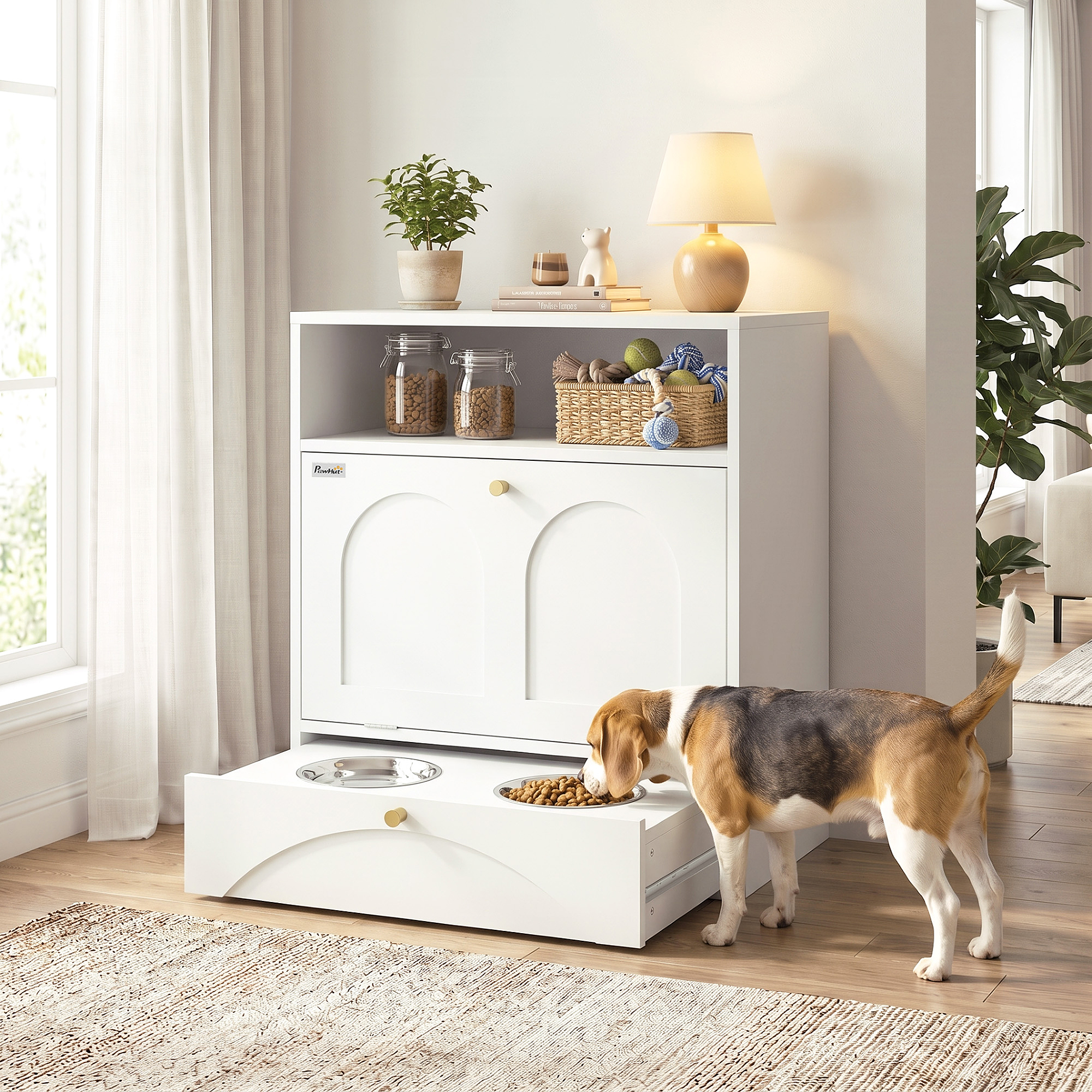 Dog Feeding Station, Dog Food Storage Cabinet with 2 Elevated Bowls, Tilt-Out Cabinet and Storage Shelf, White