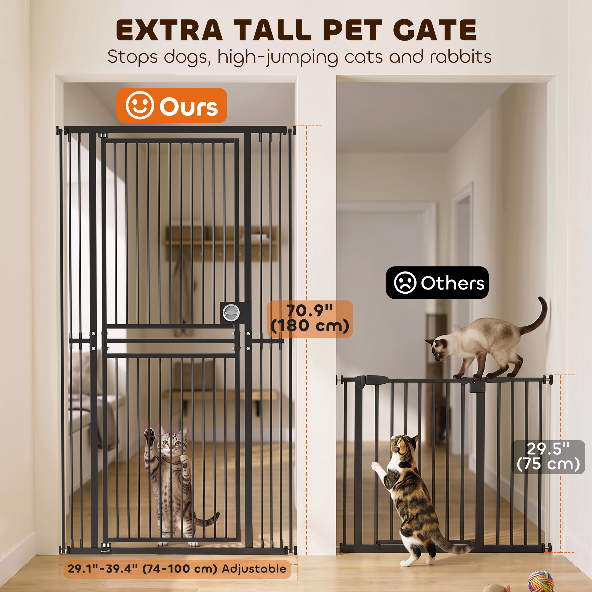 71" Extra Tall Cat Gate, 29"-39" Wide Pet Gate with No Drilling, Narrow Spacing, Pull-Ring Latch, 2 Extension Kits