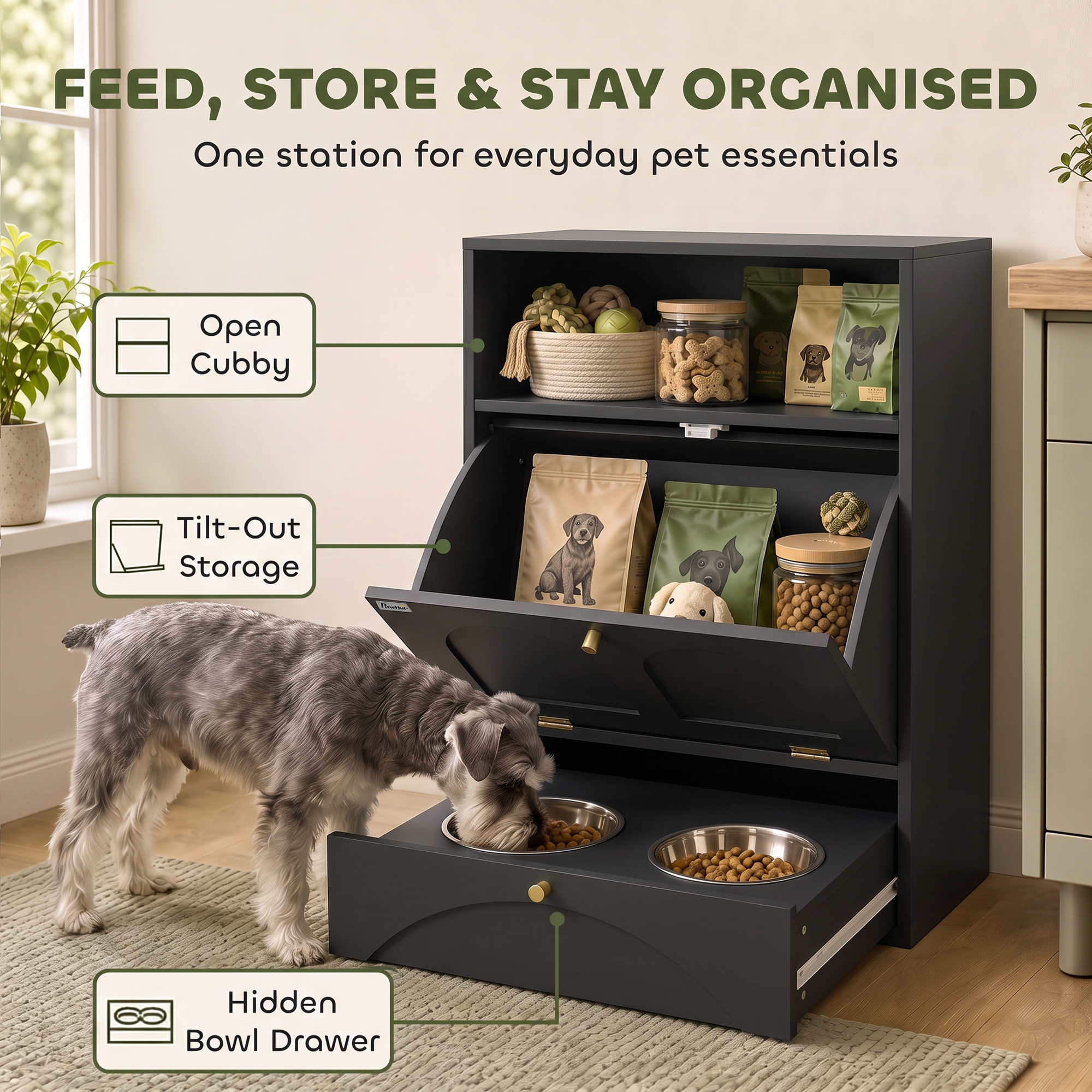 Dog Feeding Station, Dog Food Storage Cabinet with 2 Elevated Bowls, Tilt-Out Cabinet and Storage Shelf, Black