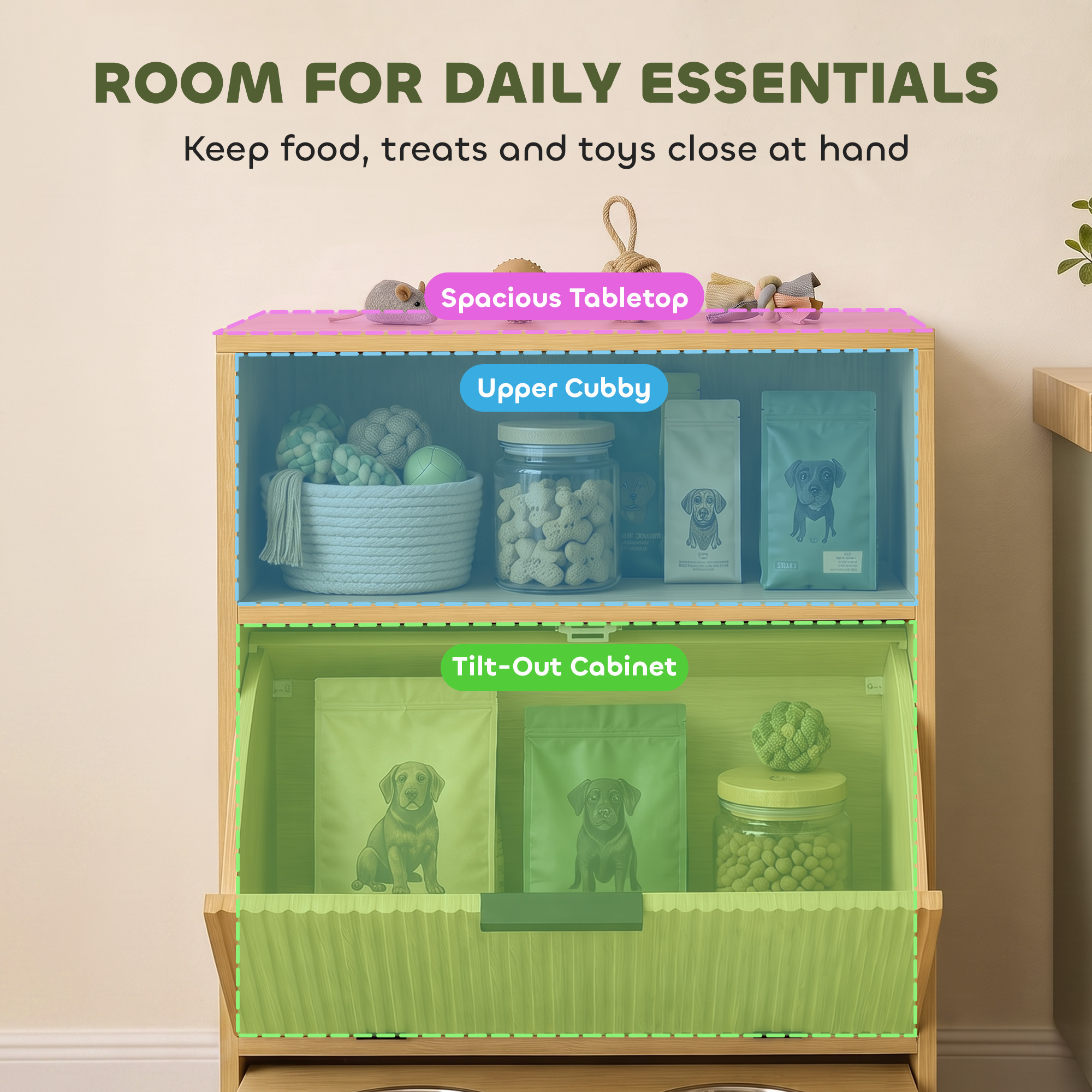Dog Feeding Station Food Storage Container, Pet Feeding Station with 2 Pull Out Bowls, Tilt Out Storage Cabinet